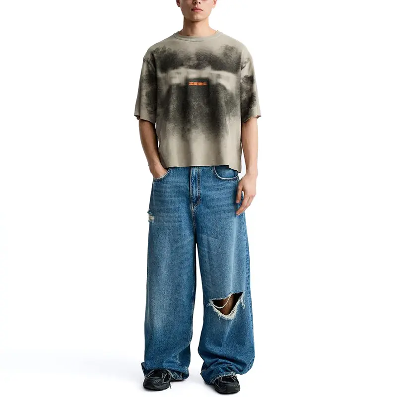 Custom Wholesale Men Spray Print Knit Fabric T-shirt Supplier Grey (5)2fk