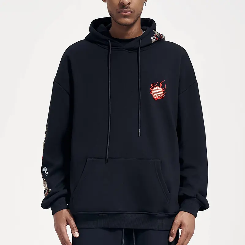Custom Wholesale Men's Dragon Embroidered Black Hoodies Factory