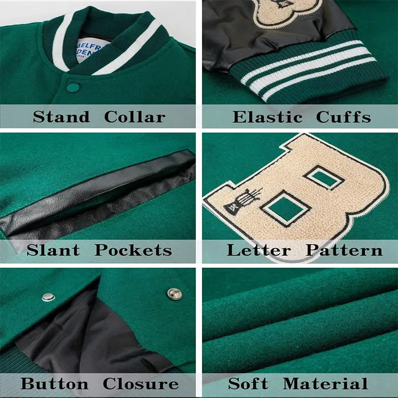 Custom Wholesale Men's Varsity Jacket Manufacturer Leather Sleeves Black Purple Green