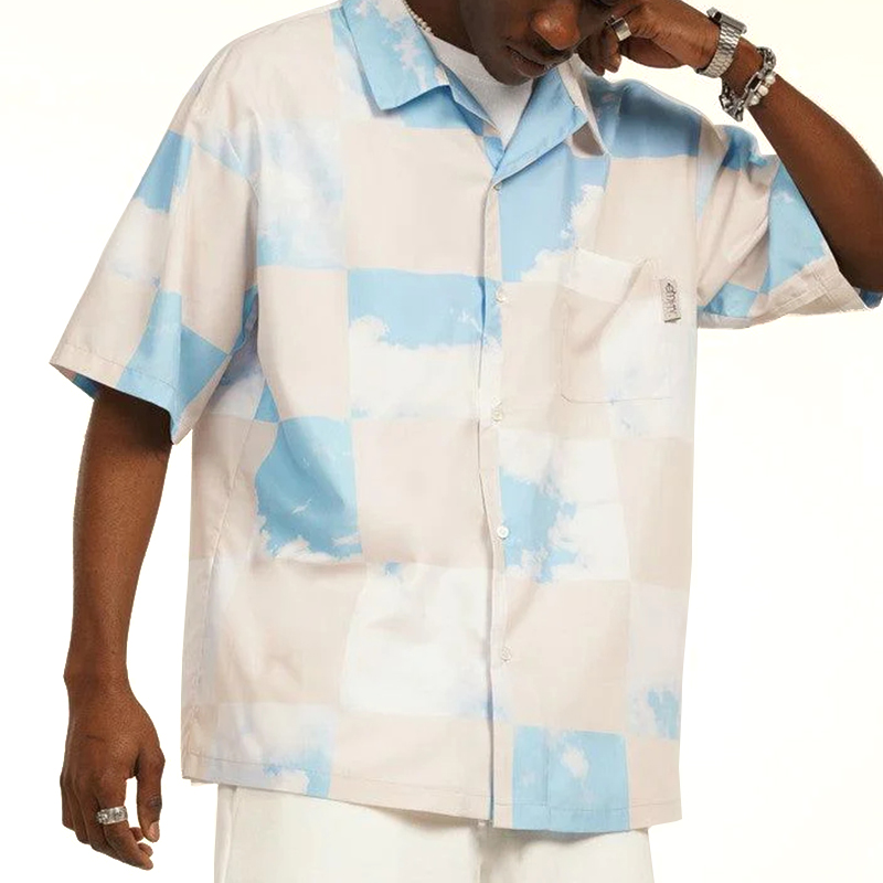 Custom Wholesale Sky Print Cuban Men T-Shirt Button-Down Shirts Factory