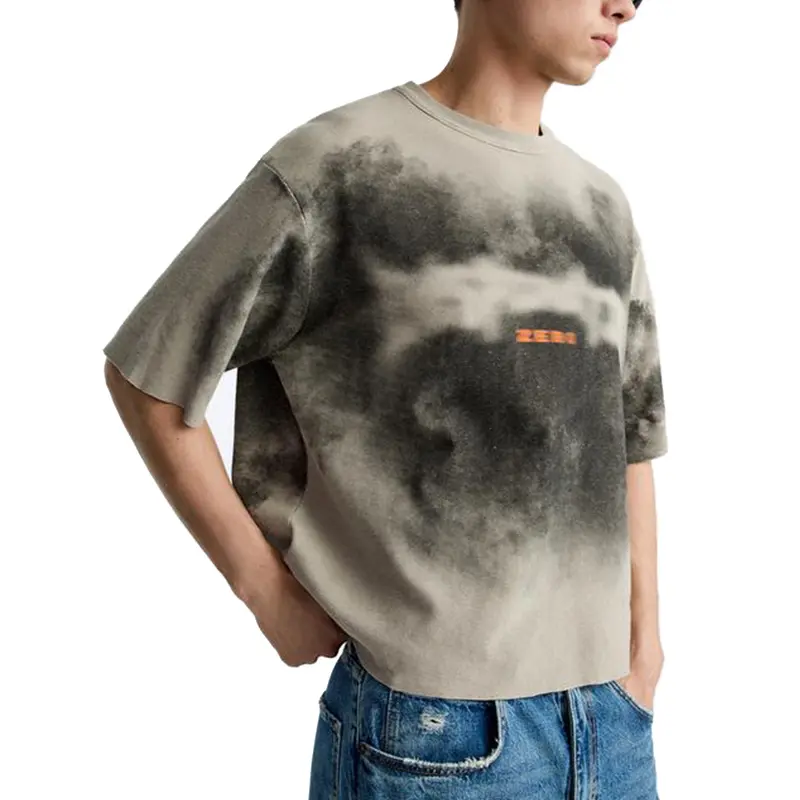 Custom Wholesale Men Spray Print Knit Fabric T-shirt Supplier Grey