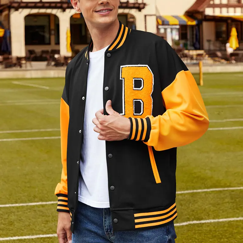 Custom Wholesale Black varsity jacket Mens Orange Leather Sleeves Supplier (6)r5x