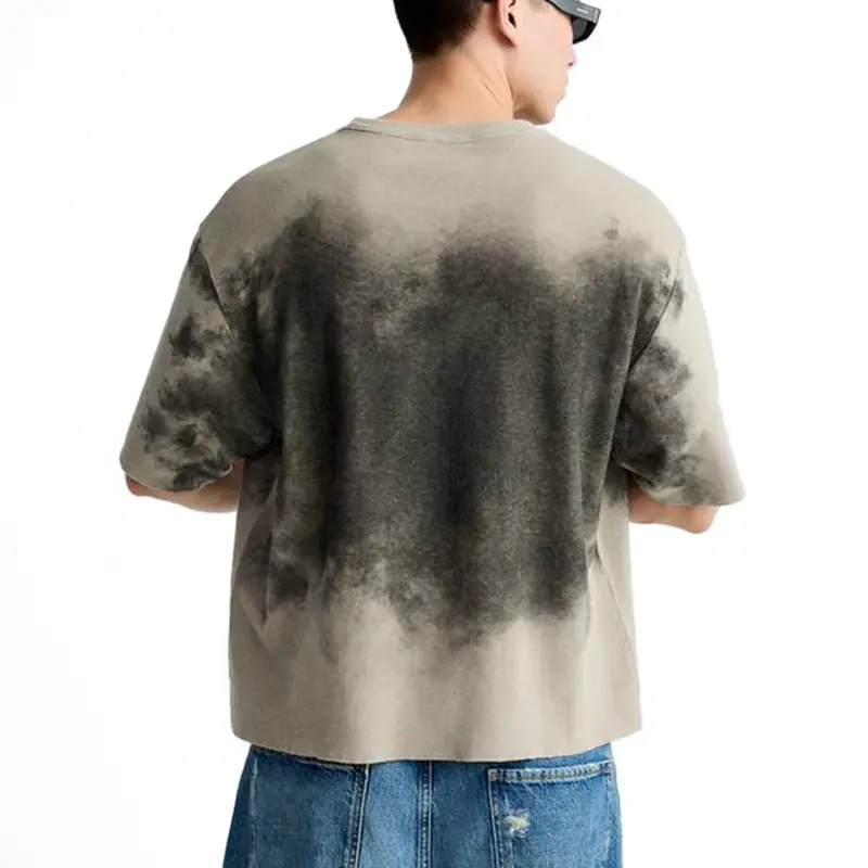 Custom Wholesale Men Spray Print Knit Fabric T-shirt Supplier Grey