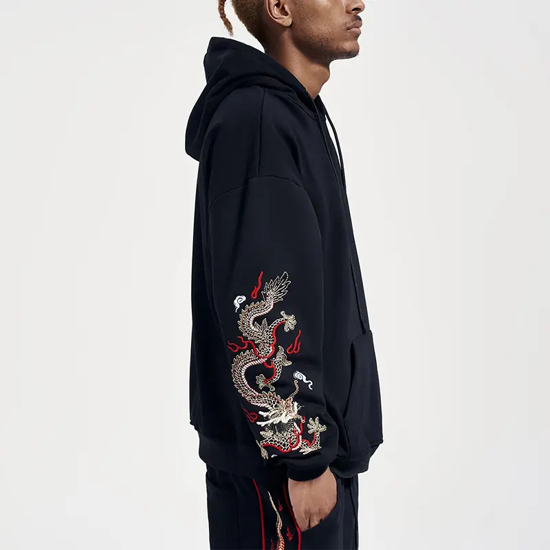 Custom Wholesale Men's Dragon Embroidered Black Hoodies Factory (6)634