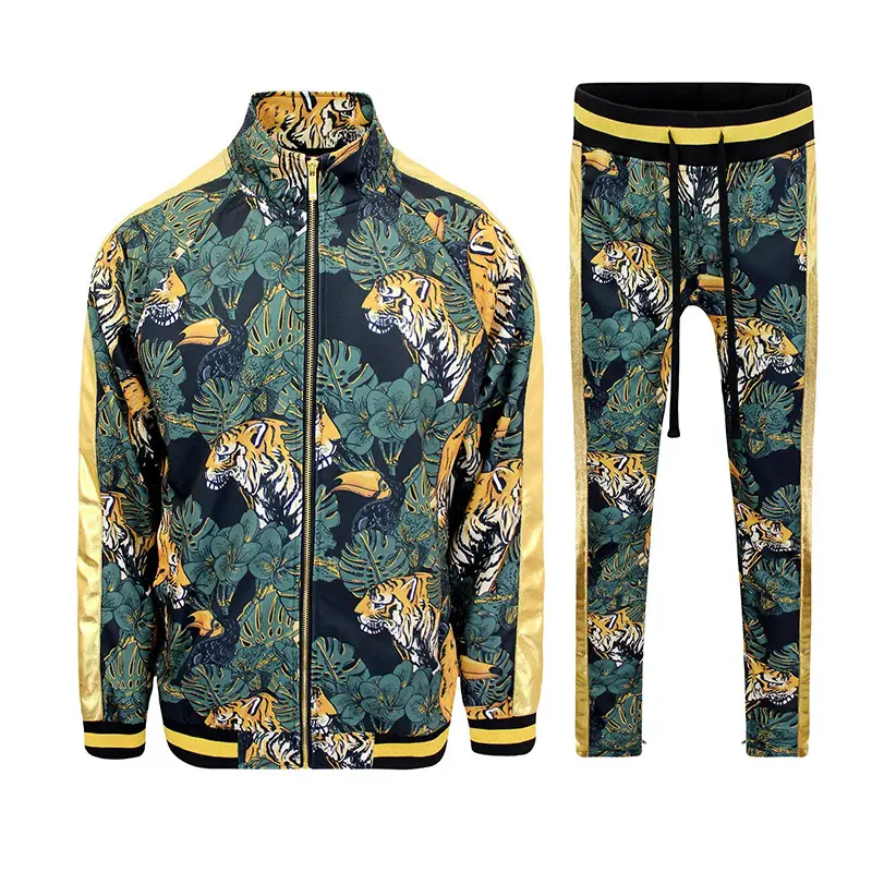 Custom Wholesale Men's Drawstring Waistband Tracksuit Floral Tiger Pattern Men Tracksuit Set Supplier