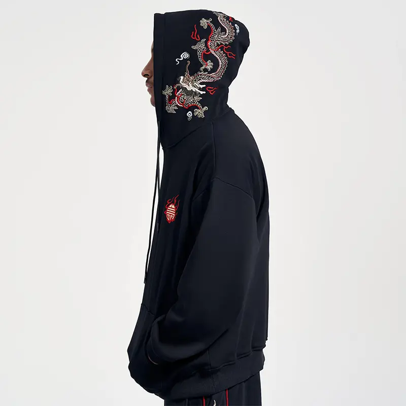 Custom Wholesale Men's Dragon Embroidered Black Hoodies Factory (5)5dy