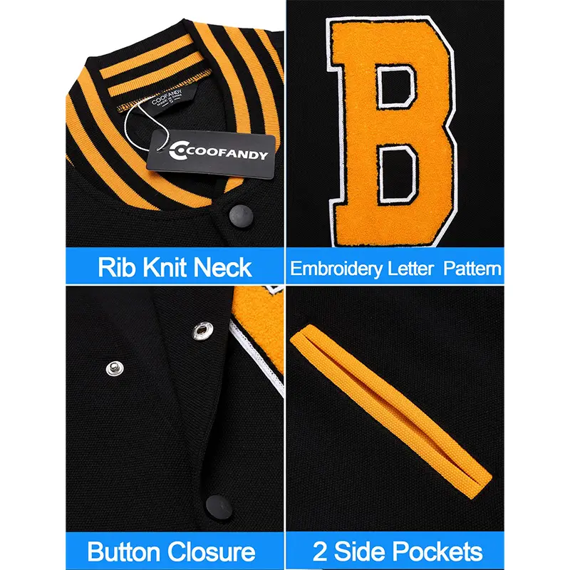 Custom Wholesale Black varsity jacket Mens Orange Leather Sleeves Supplier