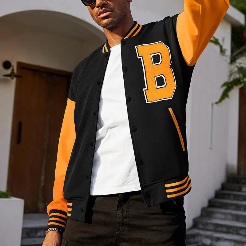 Custom Wholesale Black varsity jacket Mens Orange Leather Sleeves Supplier (7)qom