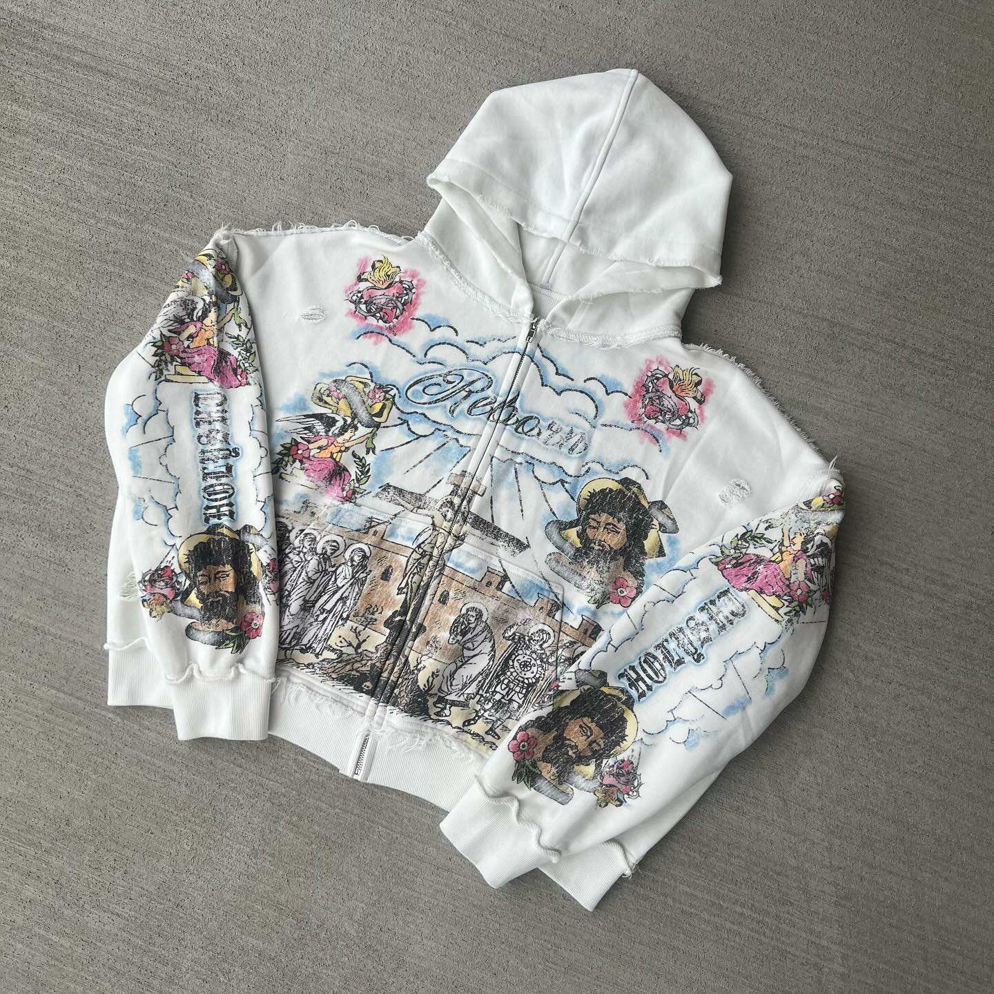 Printed torn zippers hoodie (1)