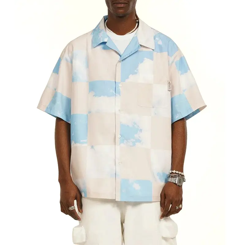 Custom Wholesale Sky Print Cuban Men T-Shirt Button-Down Shirts Factory